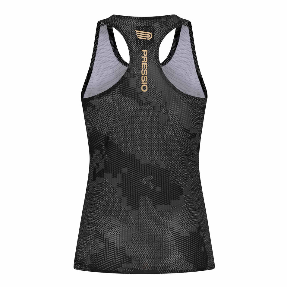 Back view of the Pressio Women's Elite Singlet in the Black Camo colourway. (8622488879266)