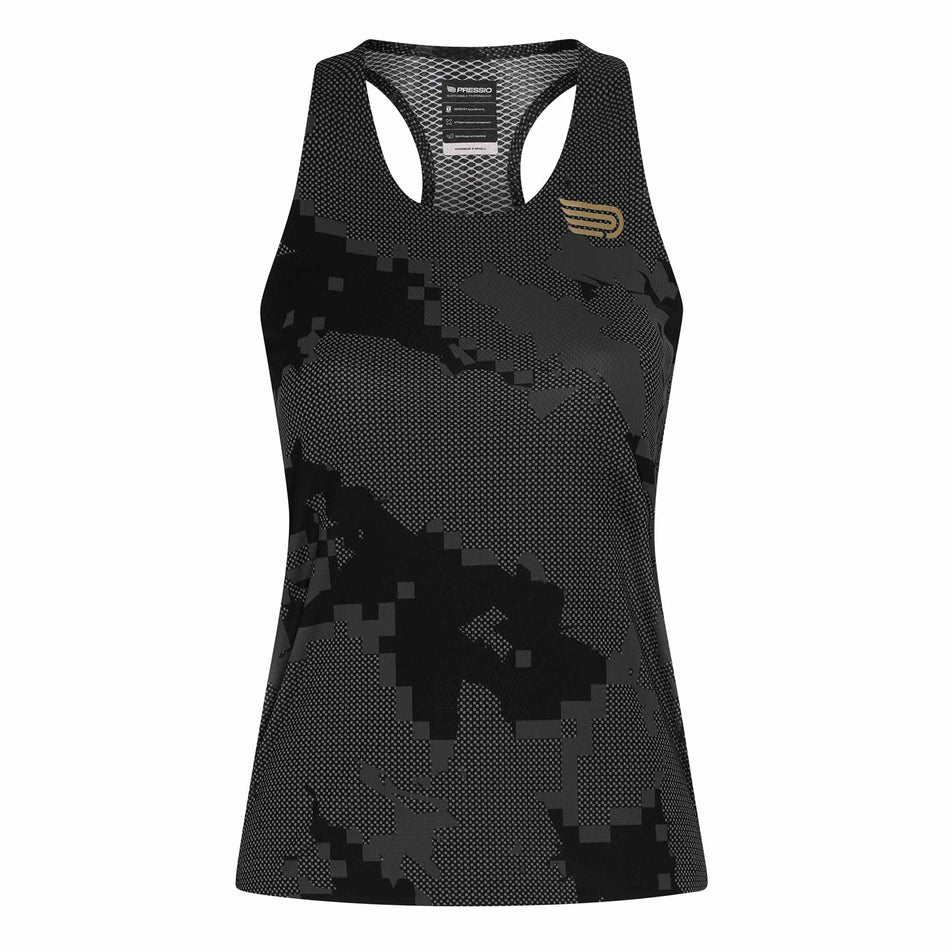 Front view of the Pressio Women's Elite Singlet in the Black Camo colourway. (8622488879266)