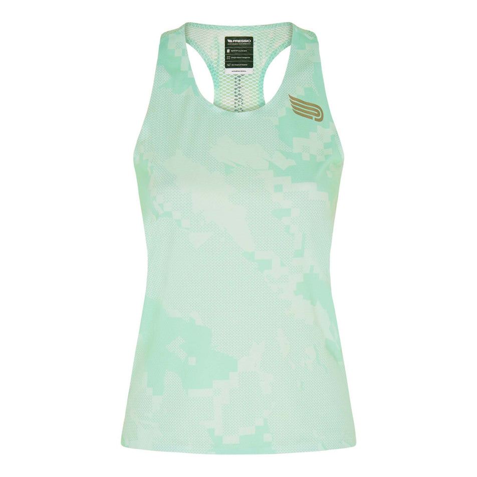 Front view of the Pressio Women's Elite Singlet in the Mint Camo colourway. (8622494679202)