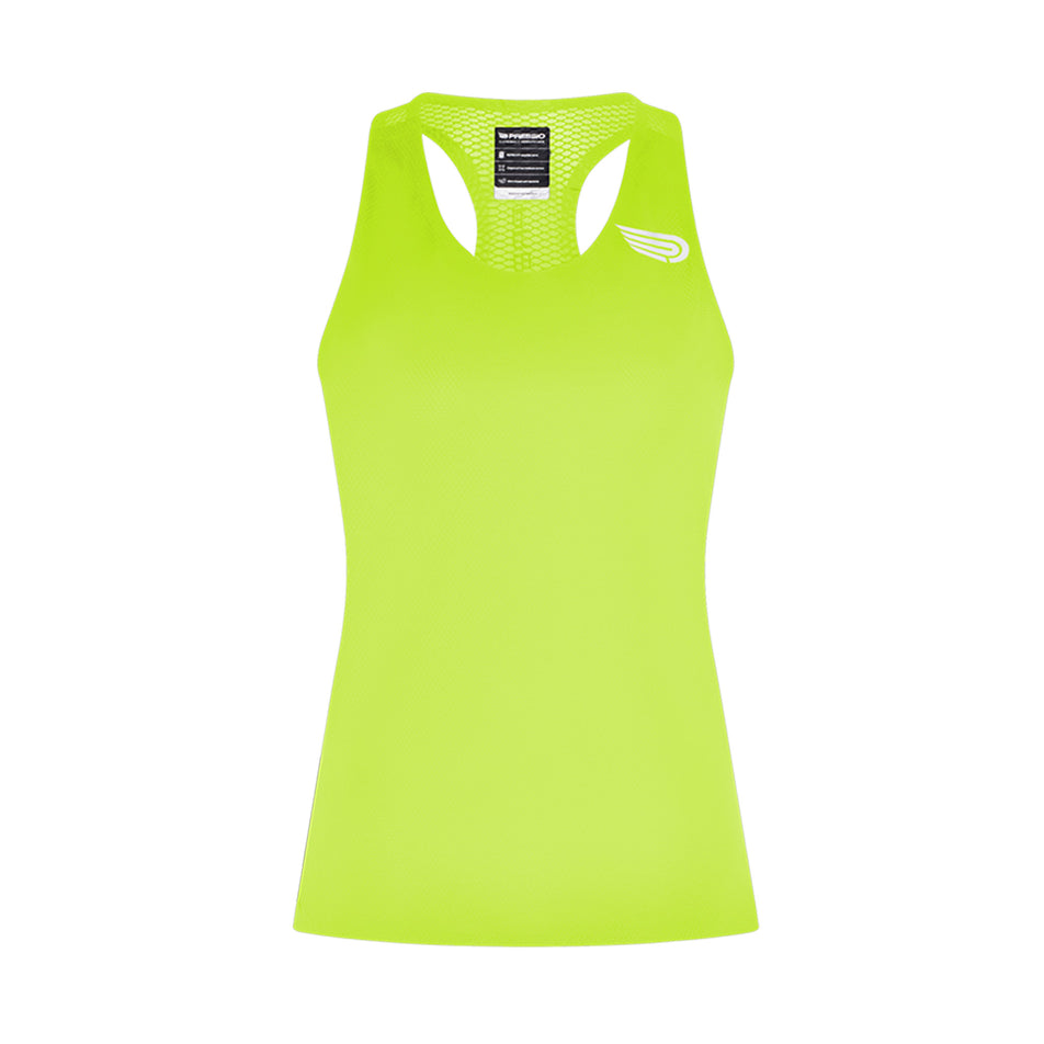 Front view of the Pressio Women's Elite Singlet in the Fluor Green colourway.