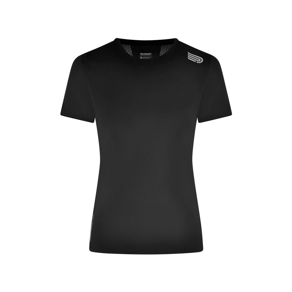 Front view of the Pressio Women's Elite S/S Top in the Black colourway. (8475844149410)