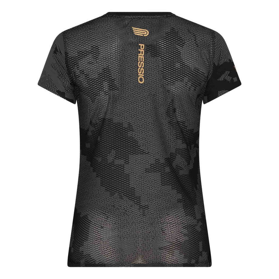 Back view of the Pressio Women's Elite S/S Top in the Black Camo colourway. (8622497136802)