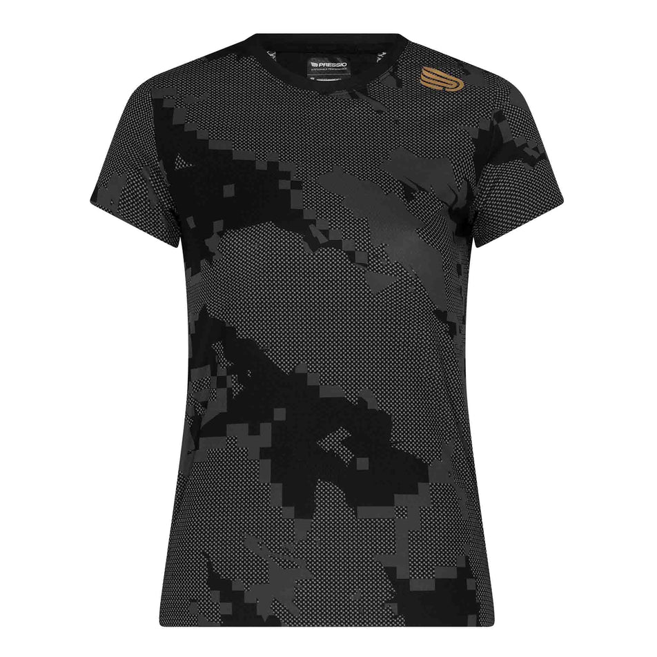 Front view of the Pressio Women's Elite S/S Top in the Black Camo colourway. (8622497136802)