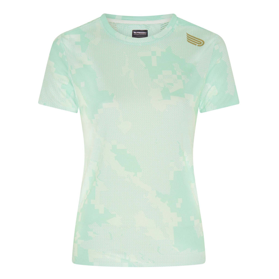 Front view of the Pressio Women's Elite S/S Top in the Mint Camo colourway. (8622588690594)