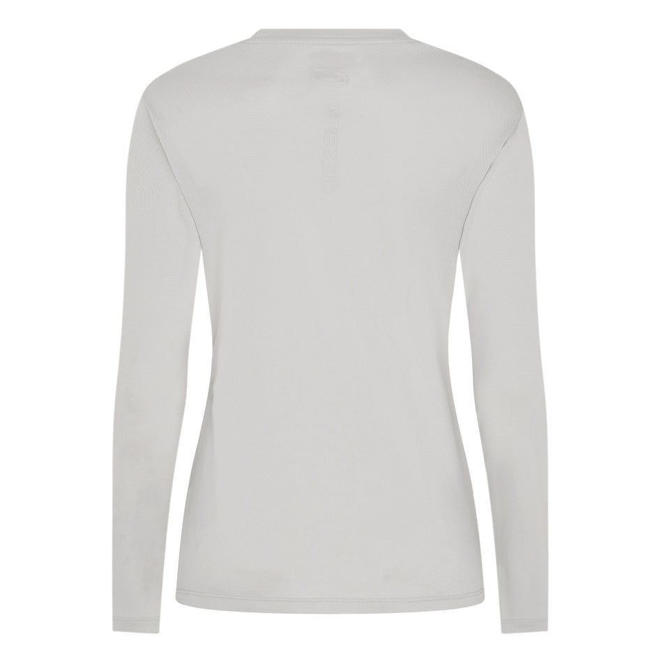 Back view of the Pressio Women's Sustain L/S Top in the Light Grey colourway. (8622628602018)