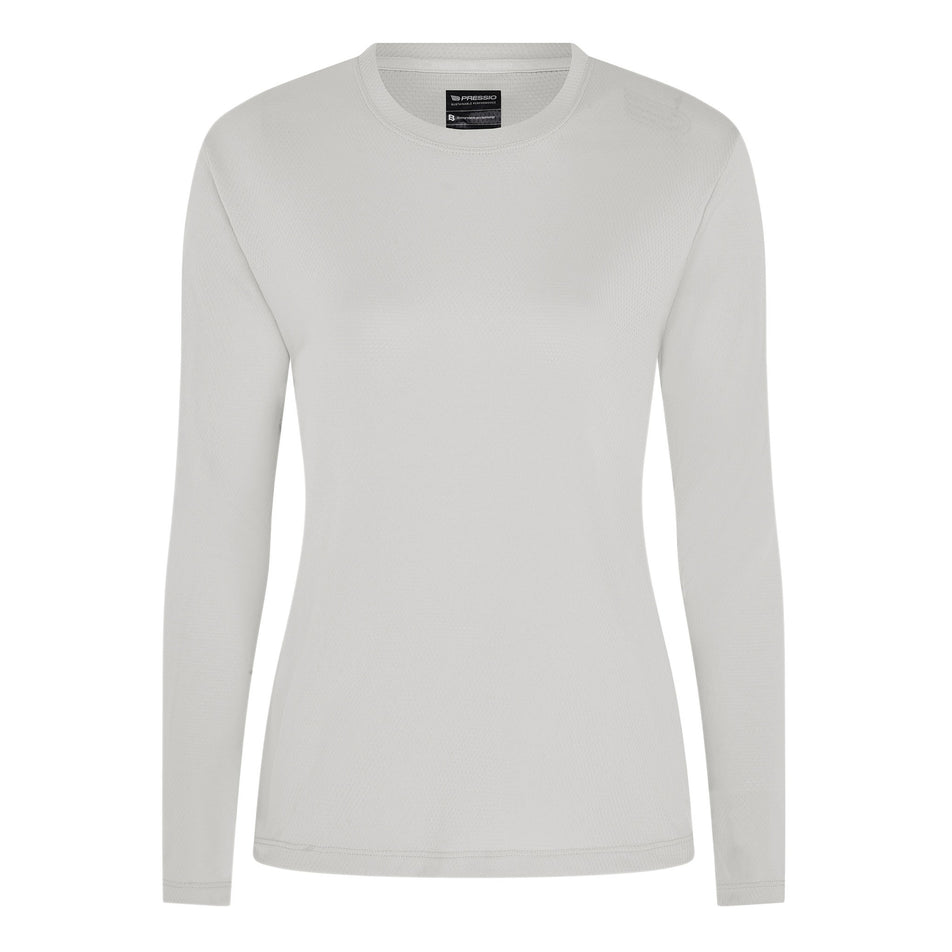 Front view of the Pressio Women's Sustain L/S Top in the Light Grey colourway. (8622628602018)