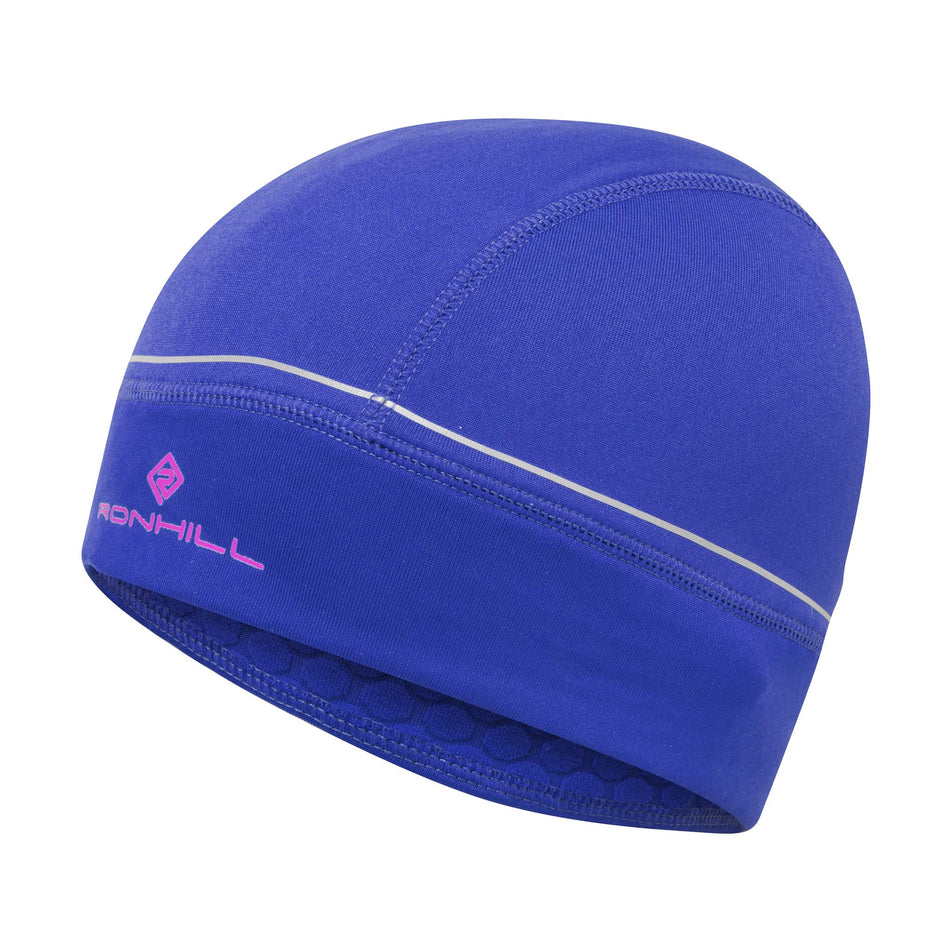 Angled front view of a Ronhill Unisex Prism Beanie in the Cobalt/Thistle colourway (8033737769122)