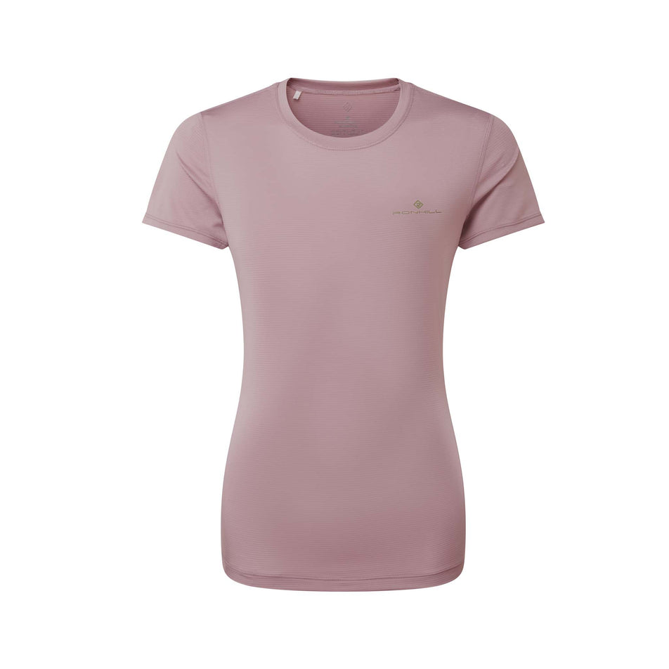 Front view of a Ronhill Women's Tech S/S Tee in the Stardust/Woodland colourway (8047373811874)