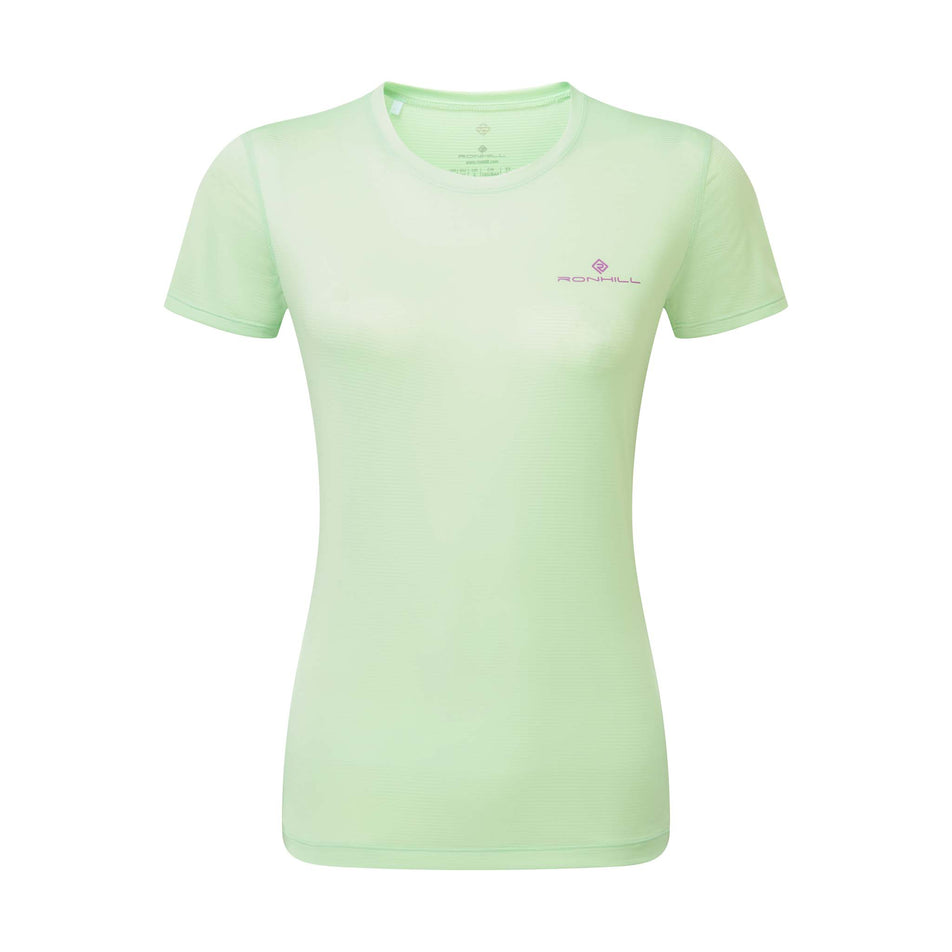 Front view of a Ronhill Women's Tech S/S Tee in the Honeydew/Fuchsia colourway (8159369330850)