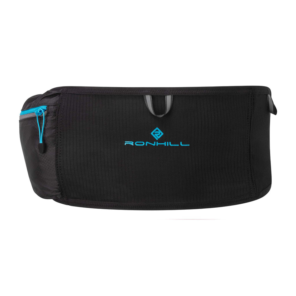Front view of a Ronhill Unisex OTM Belt in the Black/Cyan colourway (7275509252258)