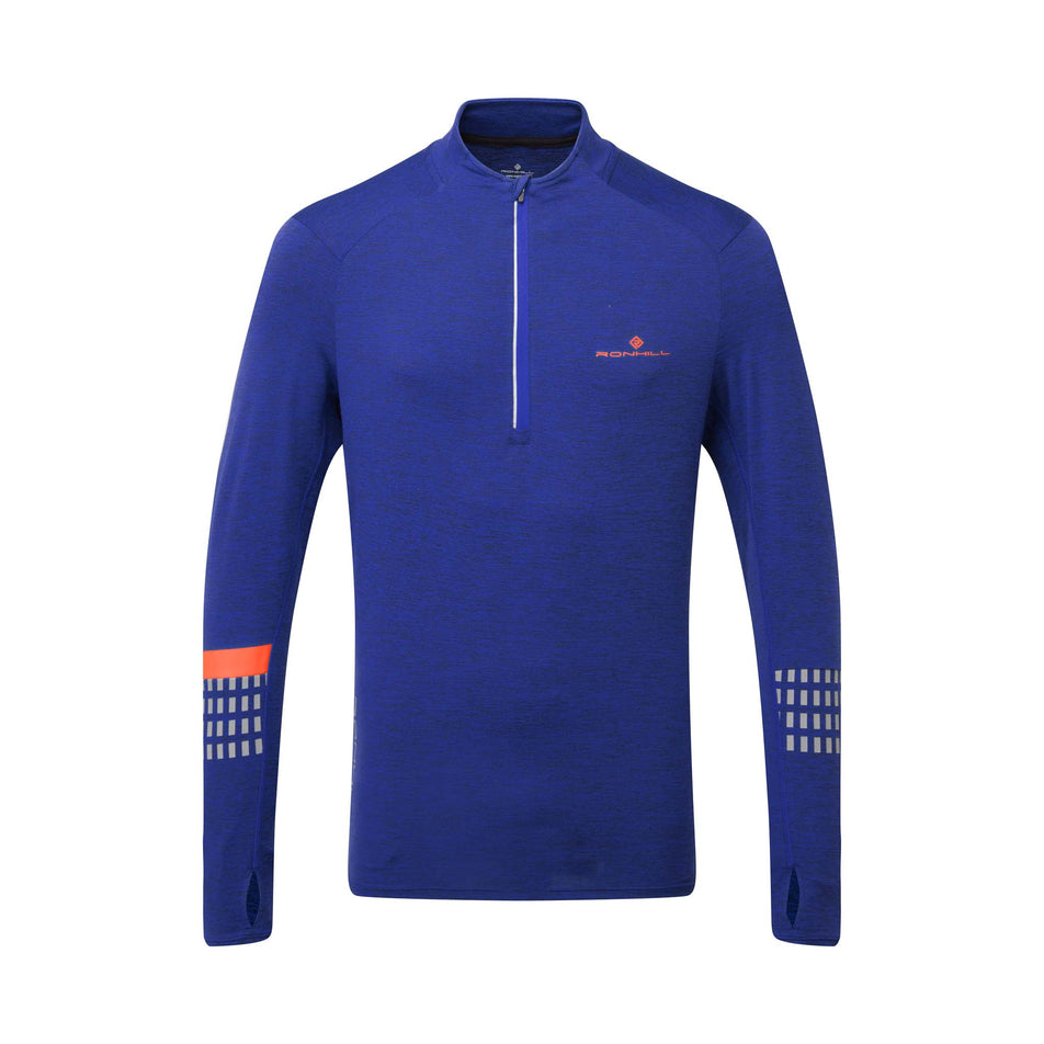 Front view of a Ronhill Men's Tech Afterhours 1/2 Zip Tee in the Cobalt Marl/Flame/Reflect colourway. (8032204390562)