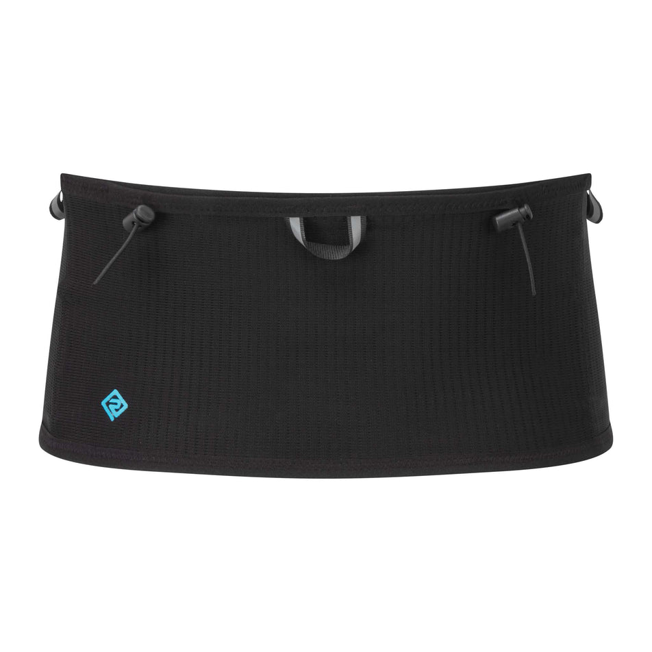 Front view of a Ronhill Unisex 360 Waistband in the Black/Cyan colourway (7306285875362)