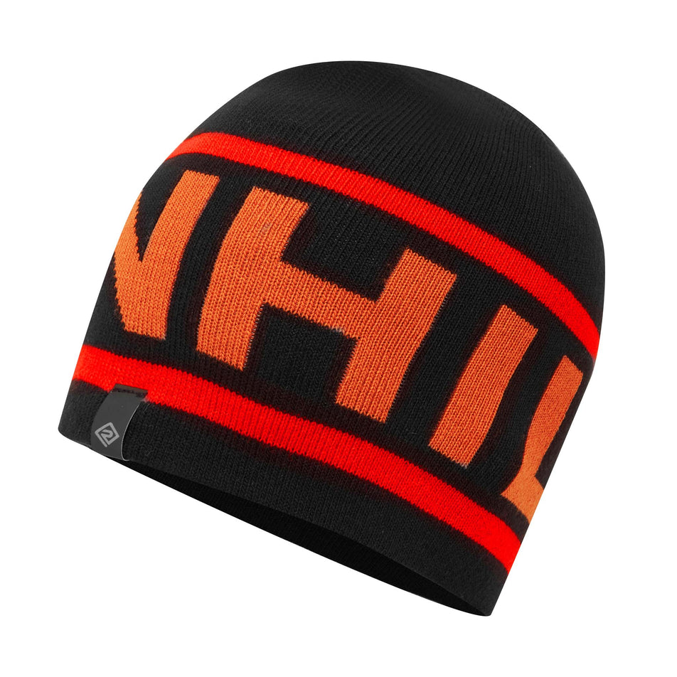 Front view of a Ronhill Unisex Tribe Running Beanie in the Black/Flame/Copper colourway (8048576102562)