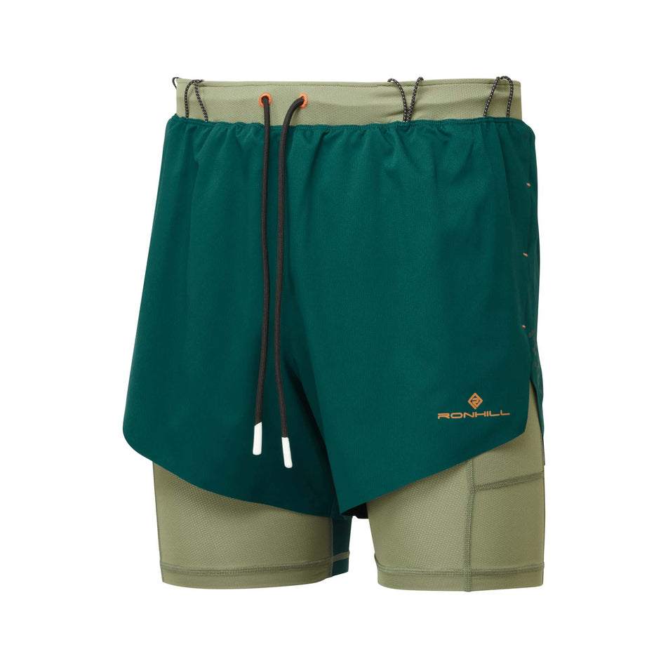 Front view of a pair of Ronhill Men's Tech Distance Twin Shorts in the Deep Lagoon/Woodland colourway (8048123084962)