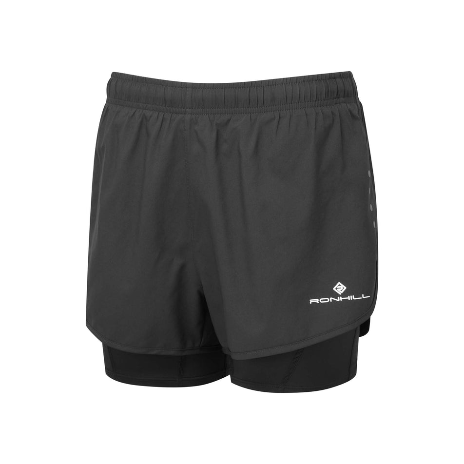 Front view of the Ronhill Women's Core Twin Short in the All Black colourway (8159243468962)