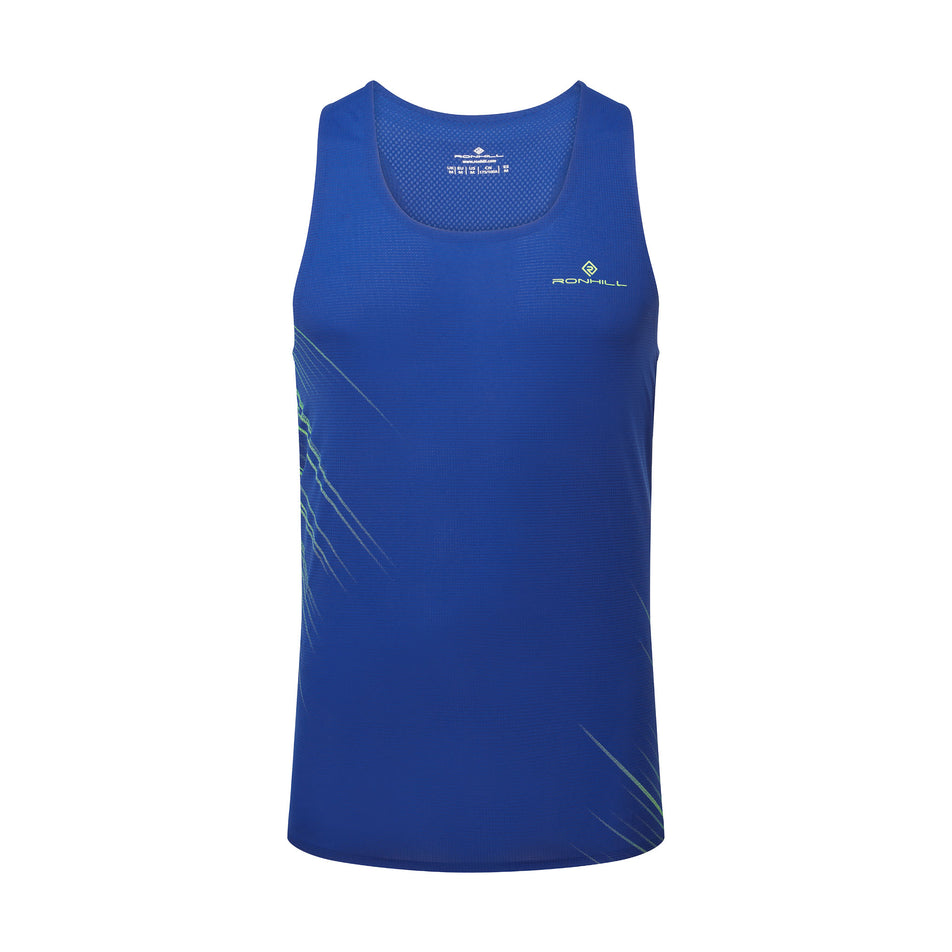Front view of the Ronhill Men's Tech Race Vest in the Dark Cobalt/Fluo Green colourway.