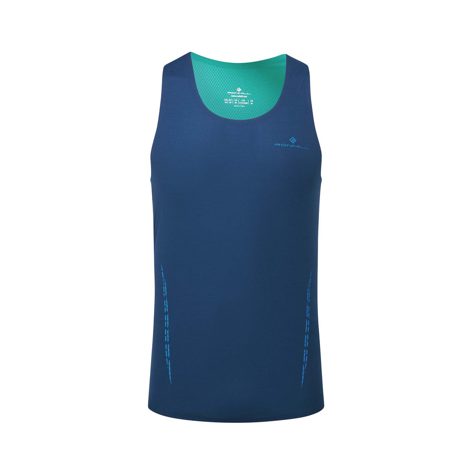 Front view of a Ronhill Men's Tech Race Vest in the Deep Navy/Deep Laguna colourway. (8563606749346)