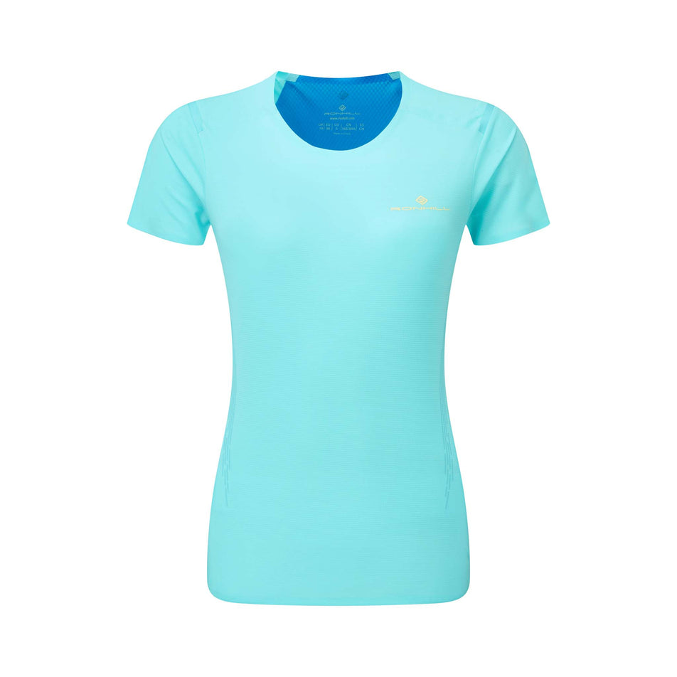 Front view of a Ronhill Women's Tech Race S/S Tee in the Aquamint/Electric Blue colourway (8158807326882)