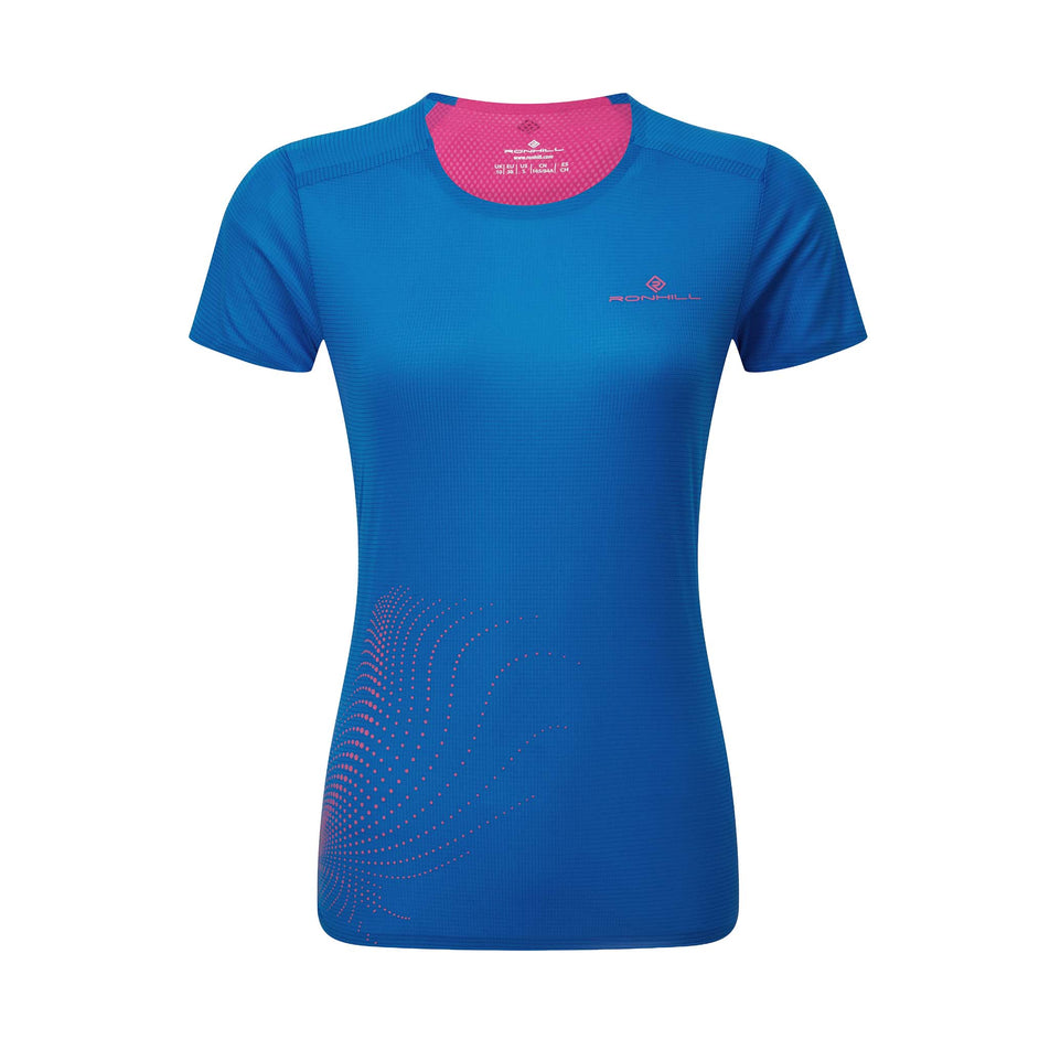 Front view of the Ronhill Women's Tech Race S/S Tee in the Classic Blue/Exuberance colourway.