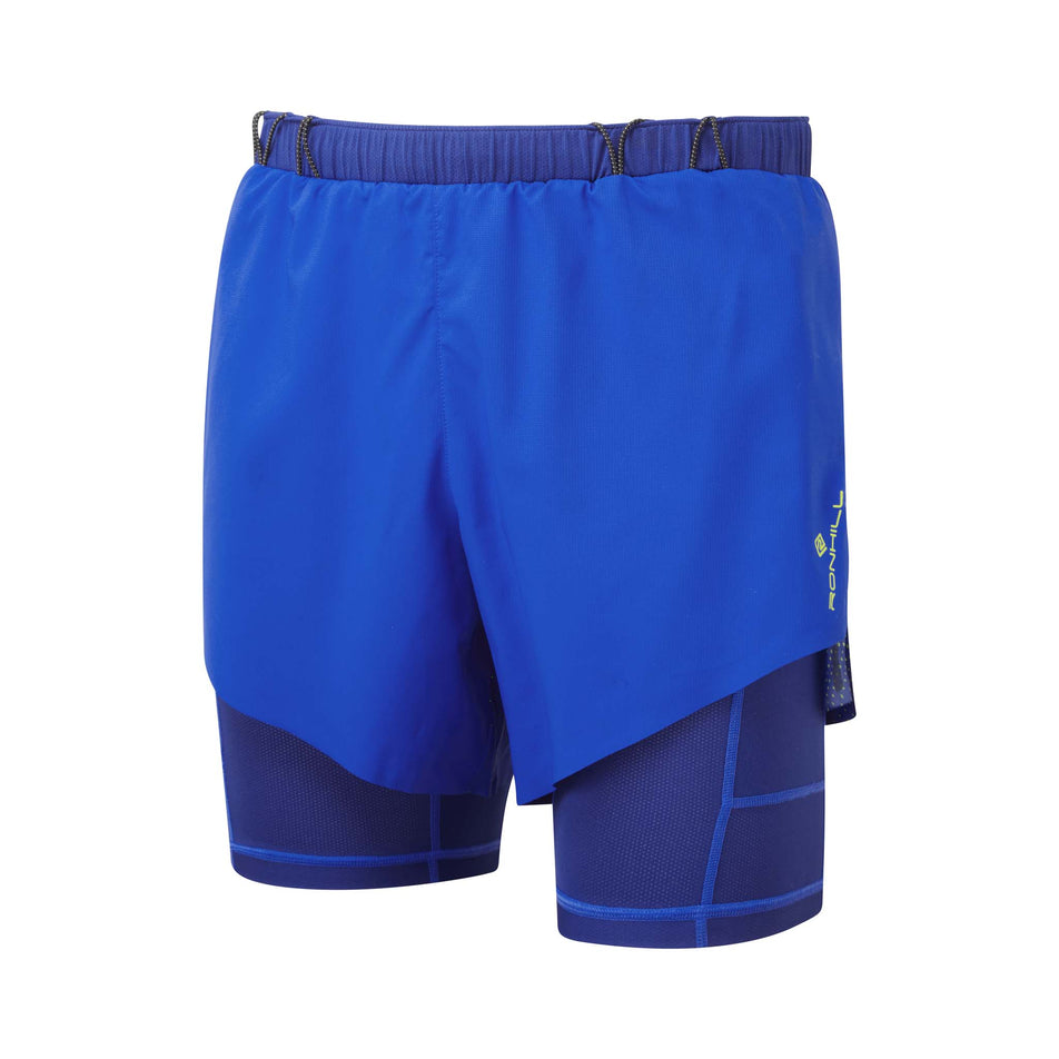 Front view of the Ronhill Men's Tech Race Twin Short in the Azurite/Citrus Fade colourway (8270451409058)