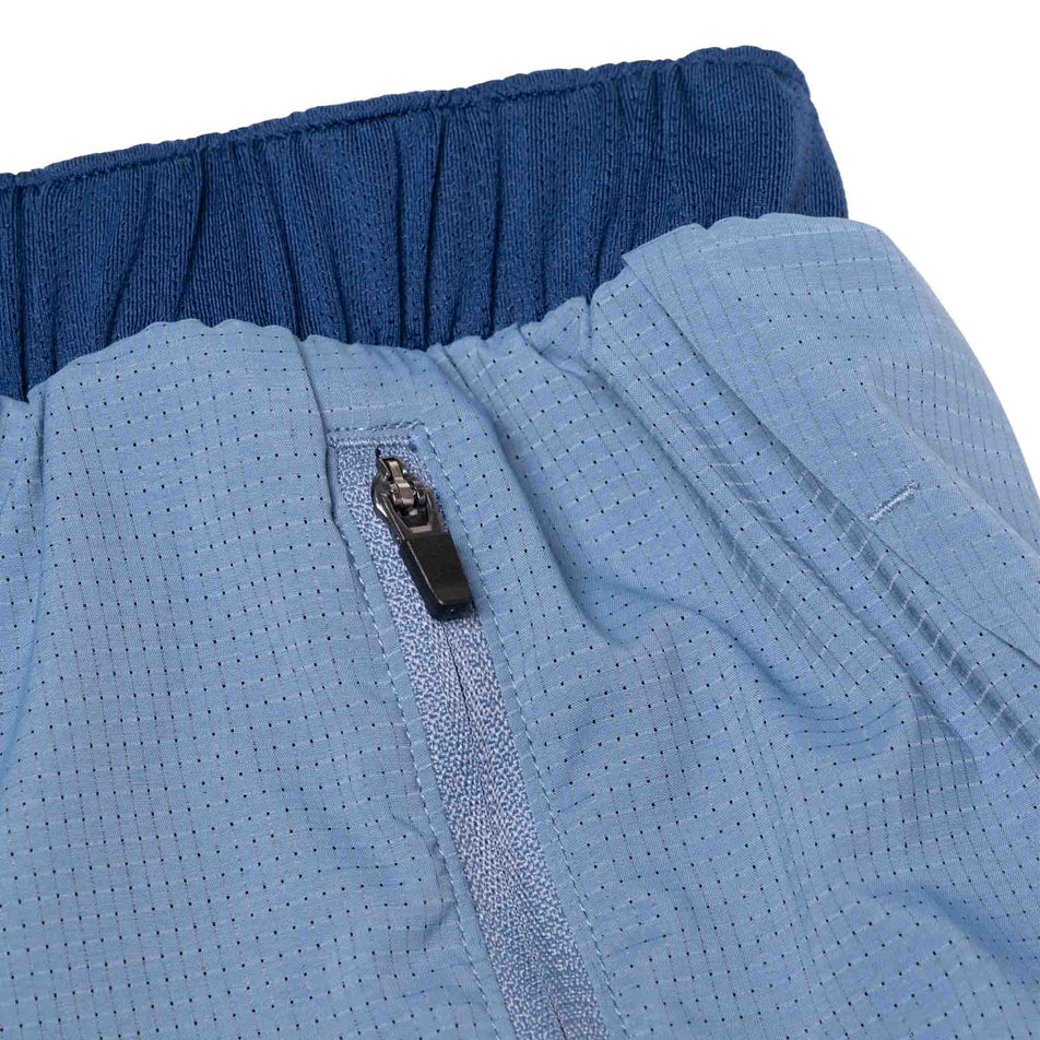 Close-up view of the zip pocket on the Ronhill Men's Tech Race Twin Short in Lake/Dark Navy colourway. (8565238464674)