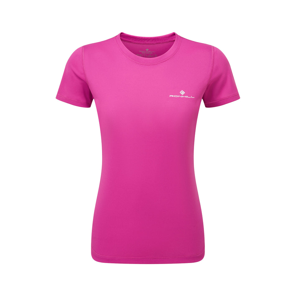 Front view of a Ronhill Women's Core S/S Tee in the Razzmatazz/Bright White colourway. (8563598033058)