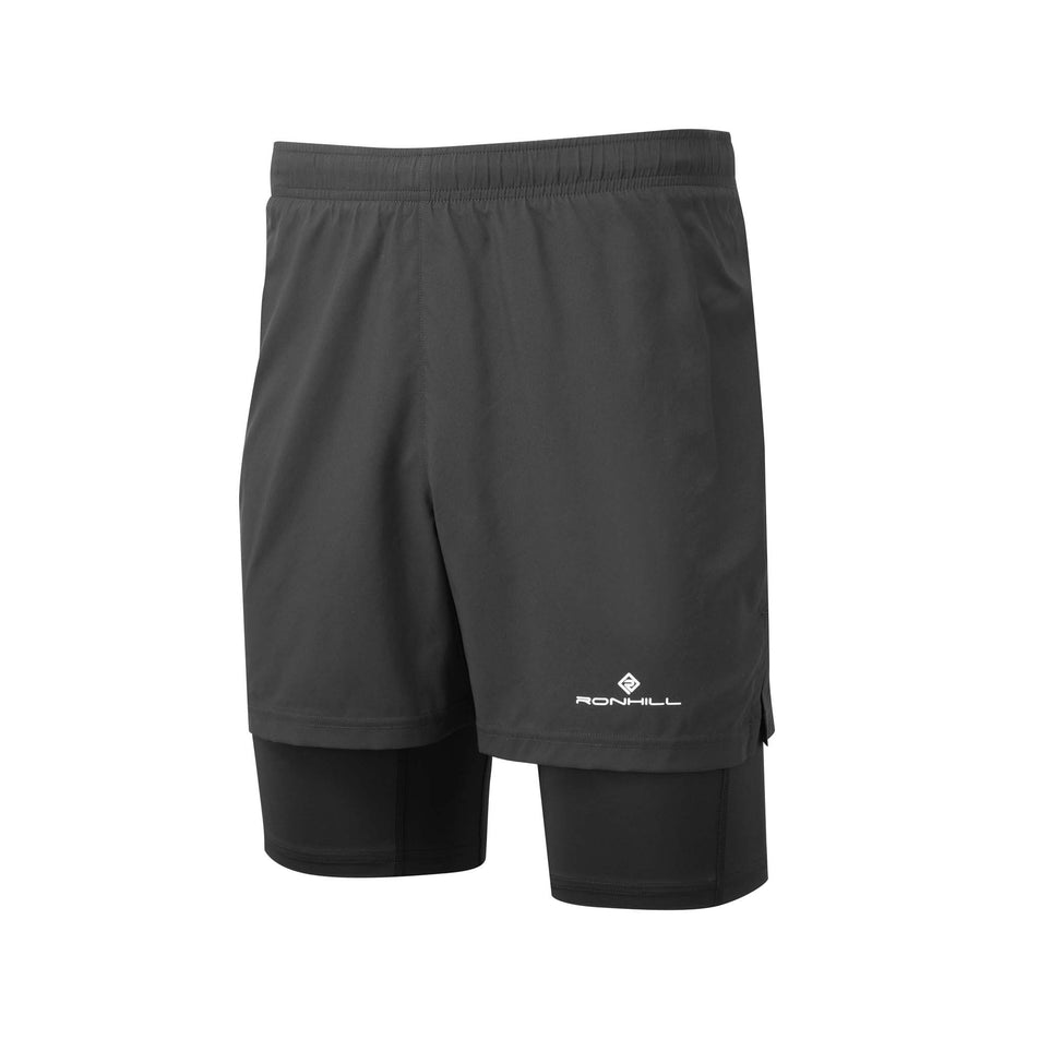 Front view of the Ronhill Men's Core Twin Short in the All Black colourway (8159280201890)