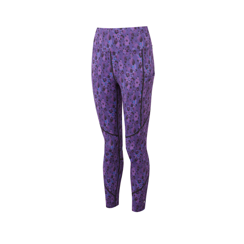 Front view of the Ronhill Women's Tech Crop Tight in the Purple Leopard colourway. (8490052518050)