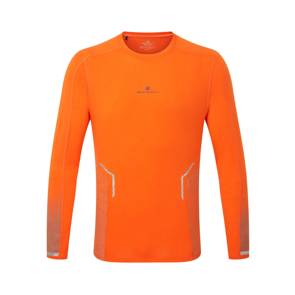 Front view of a Ronhill Men's Tech Reflect L/S Tee in the Cardinal Orange/Reflect colourway. (8490208952482)