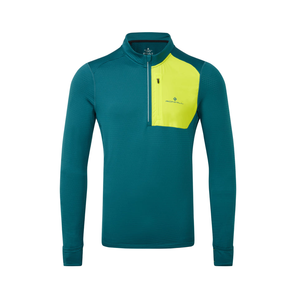 Front view of a Ronhill Men's Tech Winter 1/2 Zip in the Deep Teal/Acid colourway. (8490256990370)
