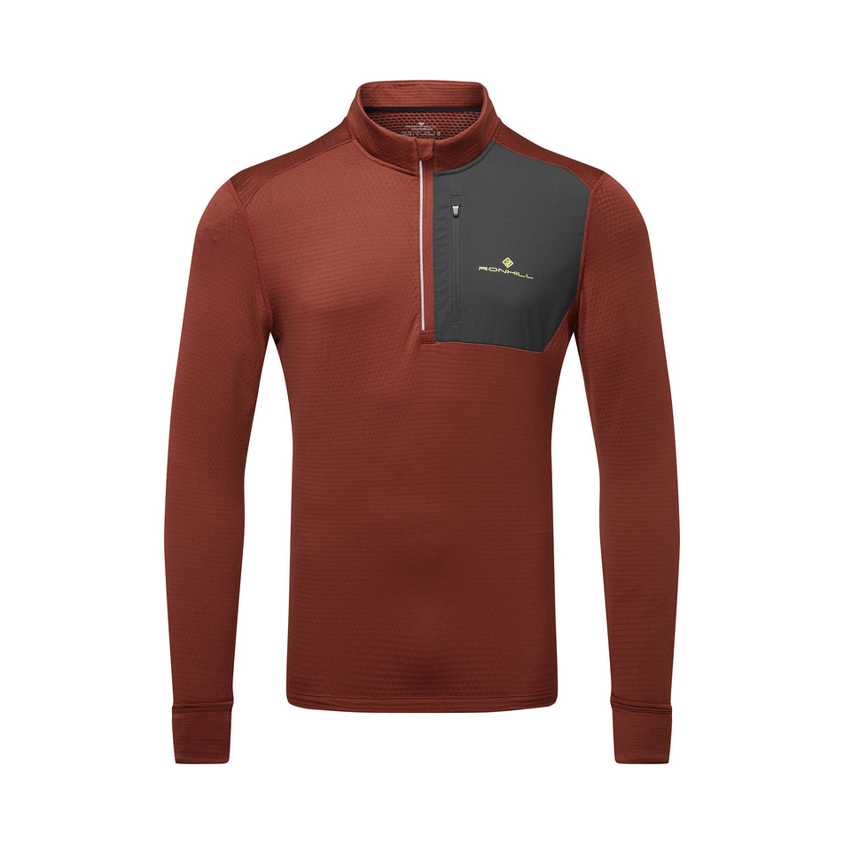 Front view of the Ronhill Men's Tech Winter 1/2 Zip in the Chestnut/Oxide colourway. (8747100700834)