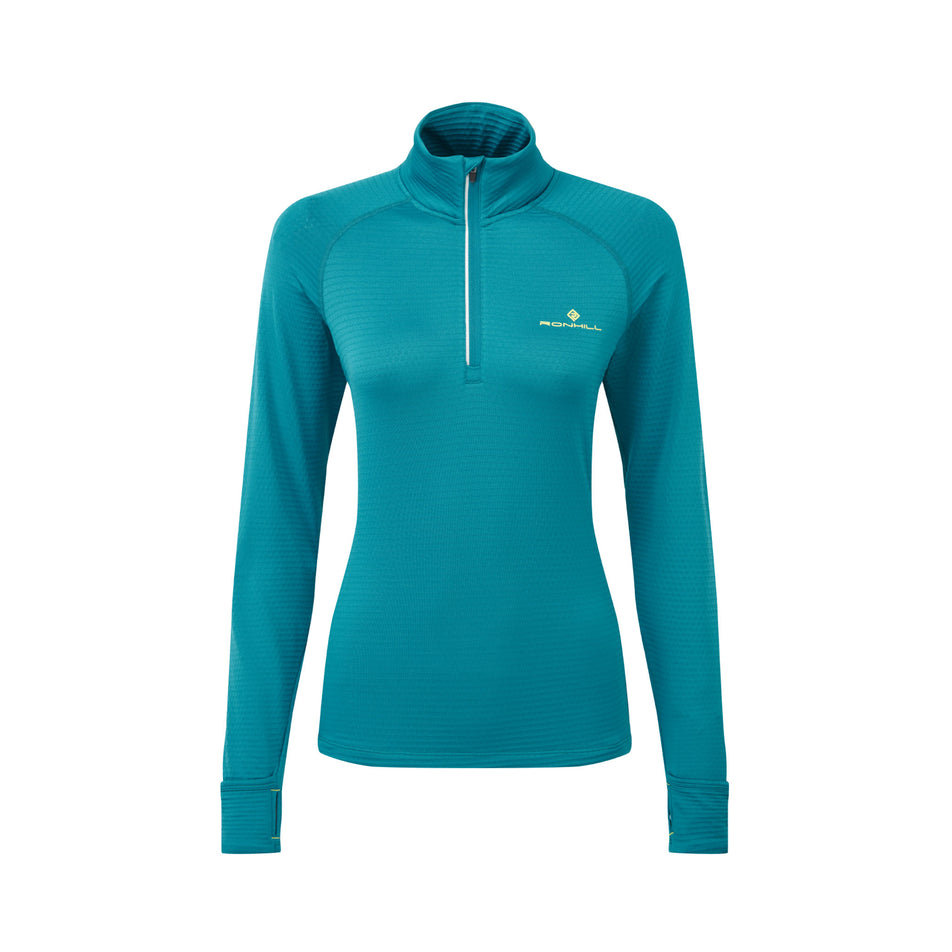 Front view of a Ronhill Women's Tech Winter 1/2 Zip in the Marine/Acid colourway. (8489863348386)