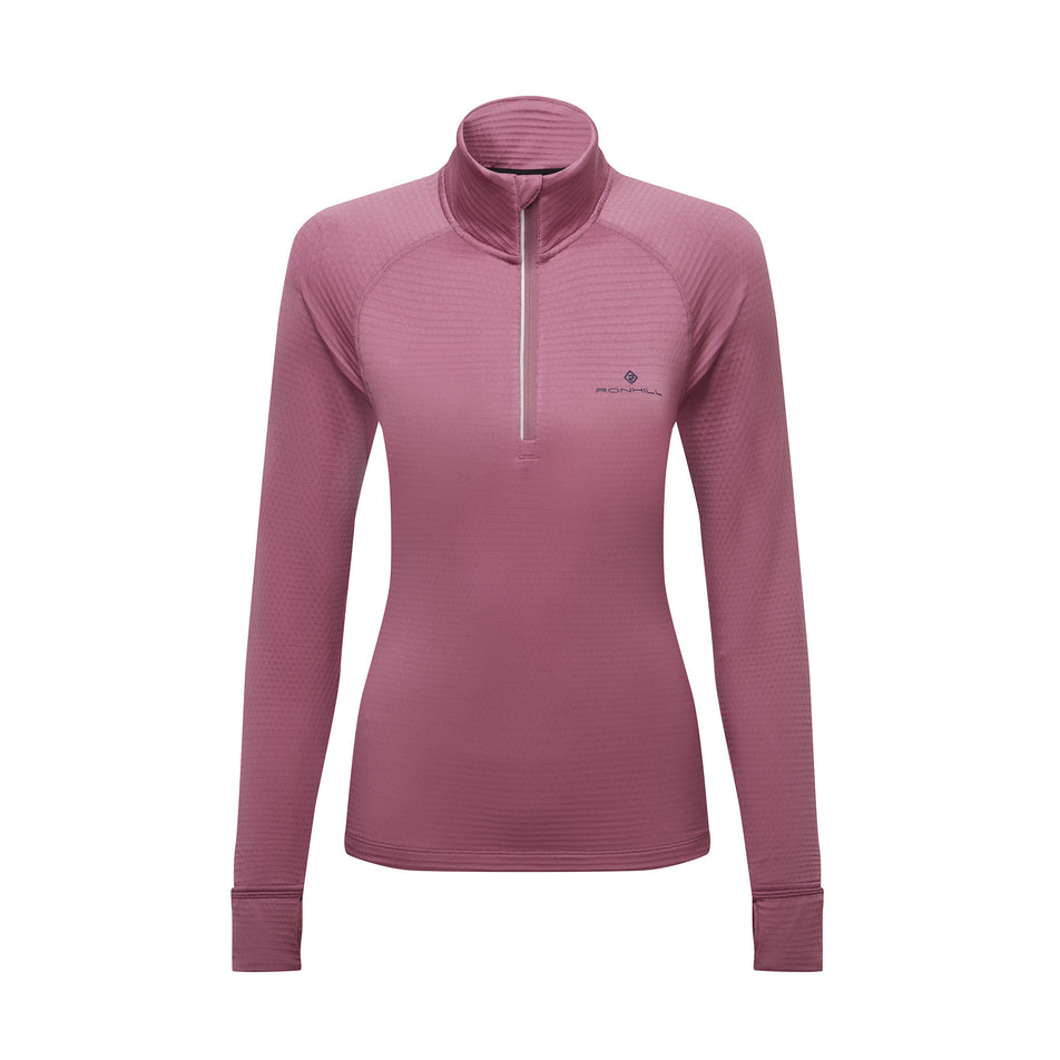 Front view of the Ronhill Women's Tech Winter 1/2 Zip in the Dusty Tulip/Dark Navy colourway. (8747552211106)