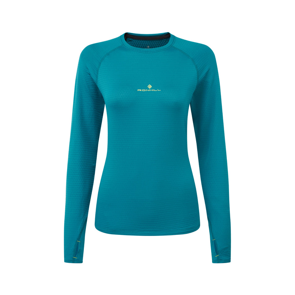 Front view of a Ronhill Women's Tech Winter Crew in the Marine/Acid colourway. (8489875177634)