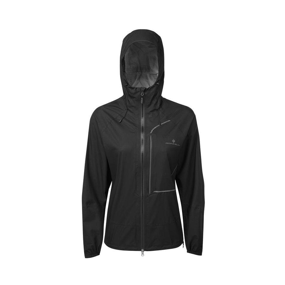 Front view of a Ronhill Women's Tech Fortify Jacket in the All Black colourway. (8489808429218)