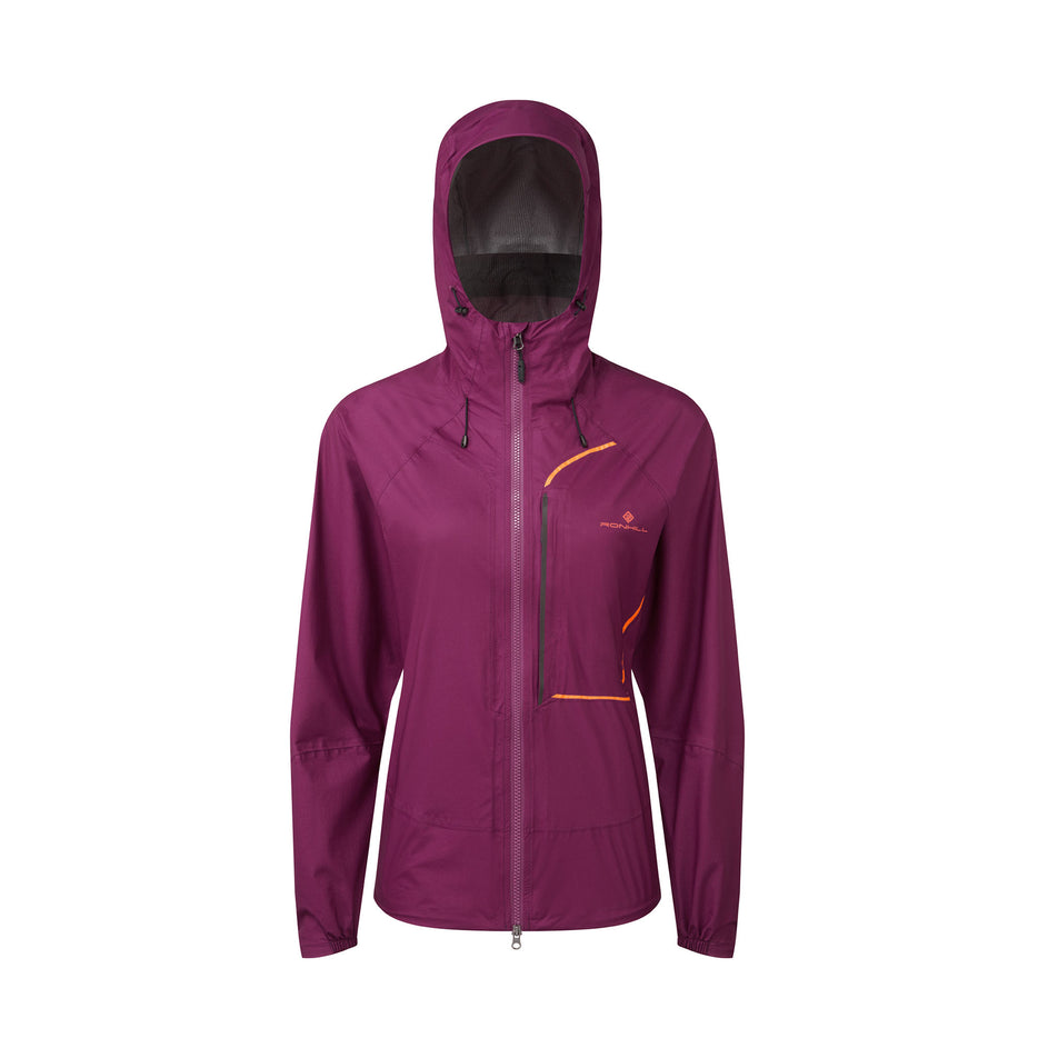 Front view of a Ronhill Women's Tech Fortify Jacket in the Blackcurrant/Mango colourway. (8469350121634)
