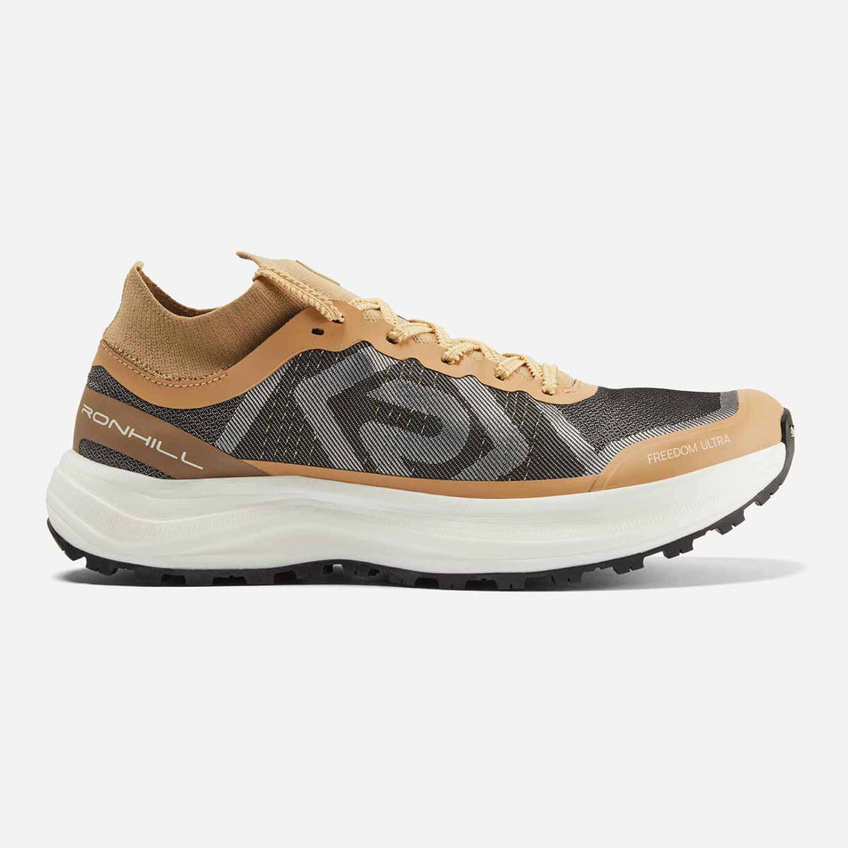 Lateral side of the right shoe from a pair of Ronhill Women's Freedom Ultra Running Shoes in the Sand colourway. (8601106776226)