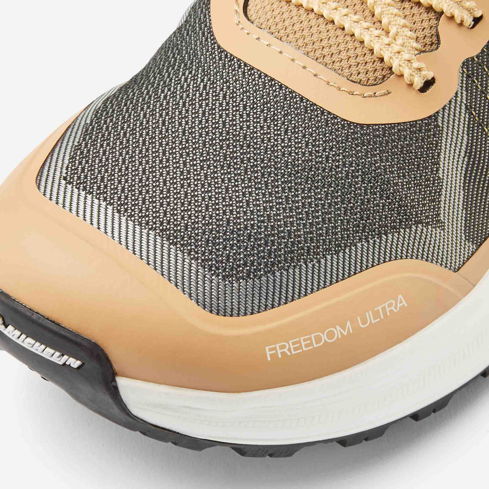 Close-up of the toe box on the left shoe from a pair of Ronhill Women's Freedom Ultra Running Shoes in the Sand colourway. (8601106776226)