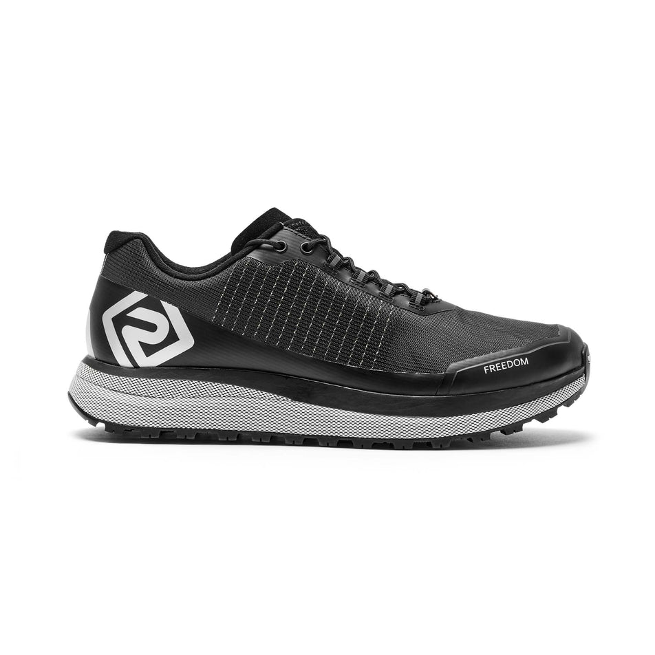 Lateral side of the right shoe from a pair of Ronhill Men's Reverence Running Shoes in the Black/White colourway (8192921764002)