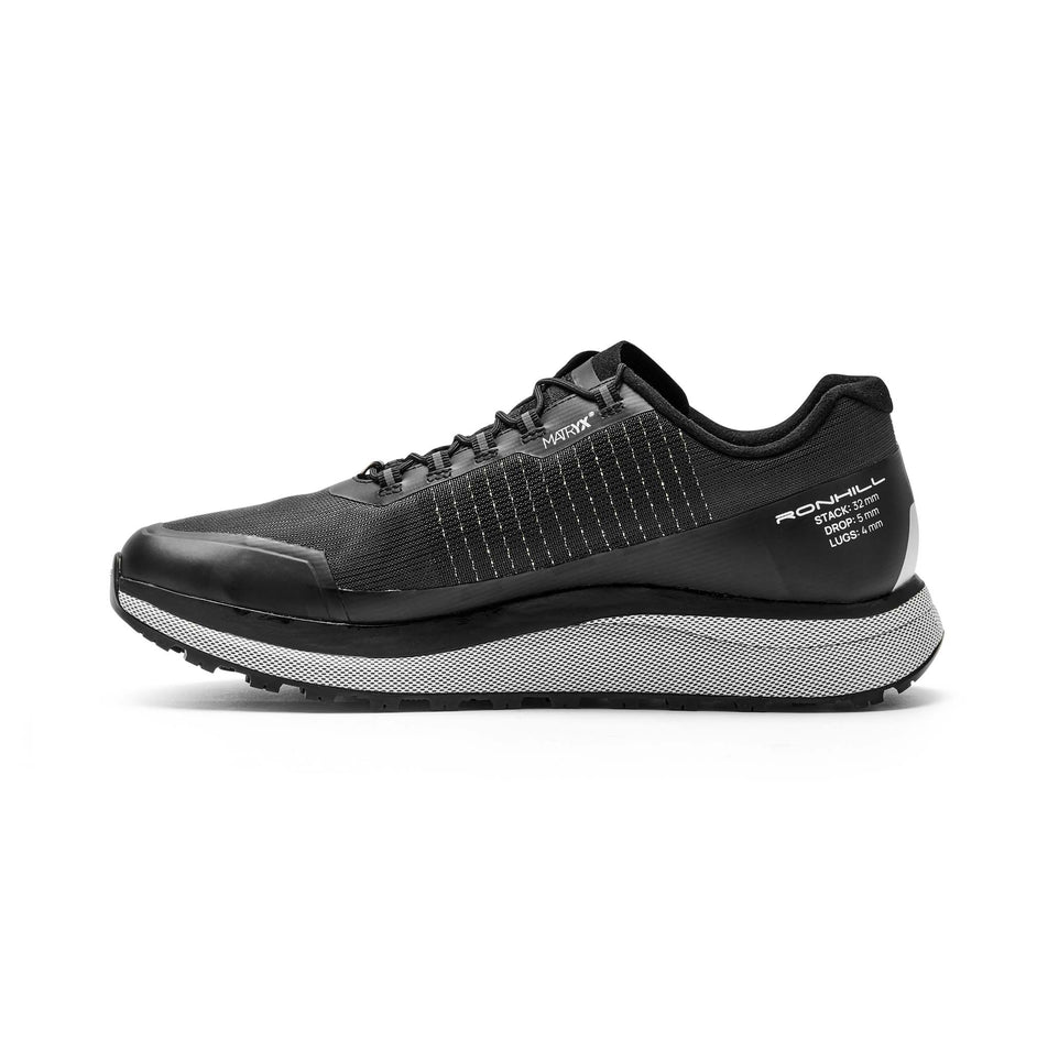 Medial side of the right shoe from a pair of Ronhill Men's Reverence Running Shoes in the Black/White colourway (8192921764002)