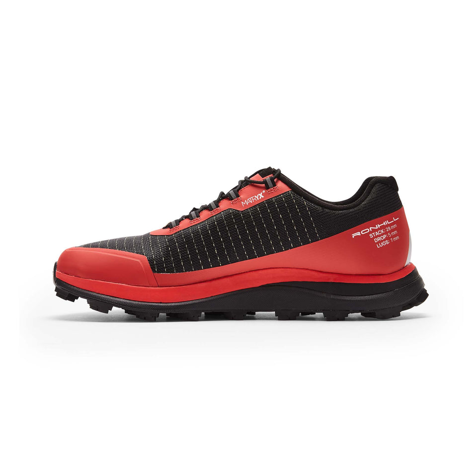 Medial side of the right shoe from a pair of Ronhill Men's Freedom Running Shoes in the Black/Red colourway (8192912294050)