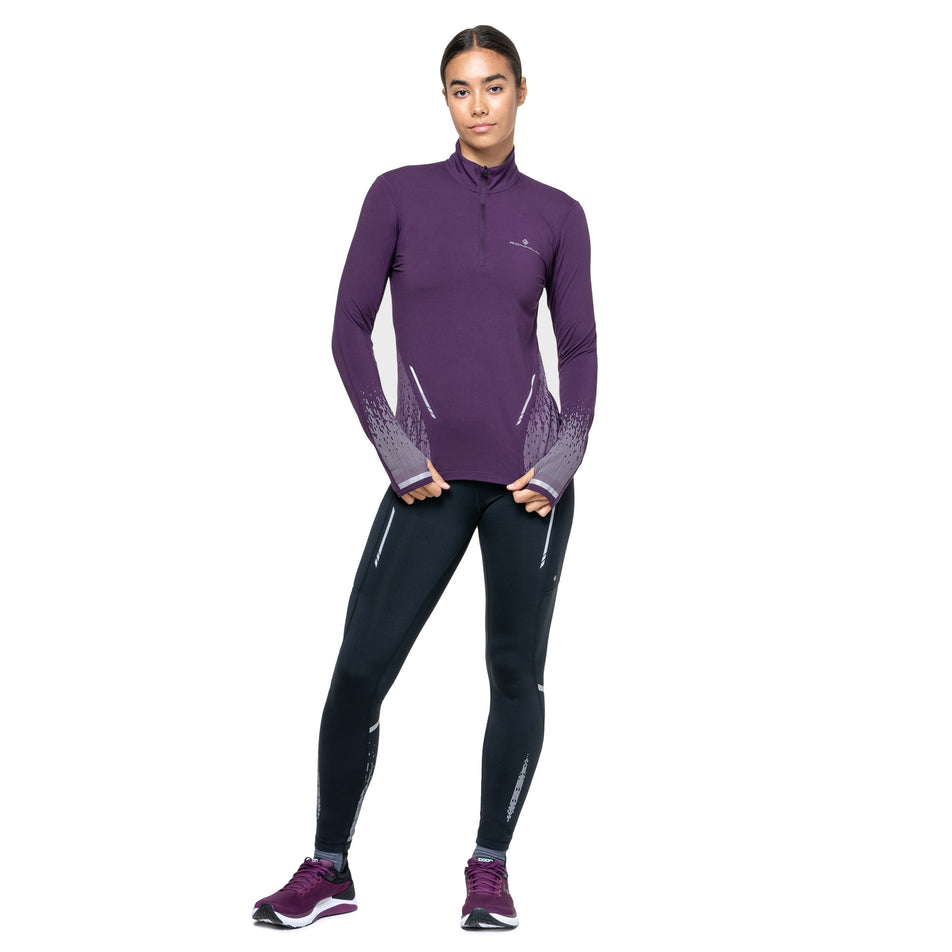 Front view of the Ronhill Women's Tech Reflect 1/2 Zip in the Damson/Reflect colourway. (8747151818914)