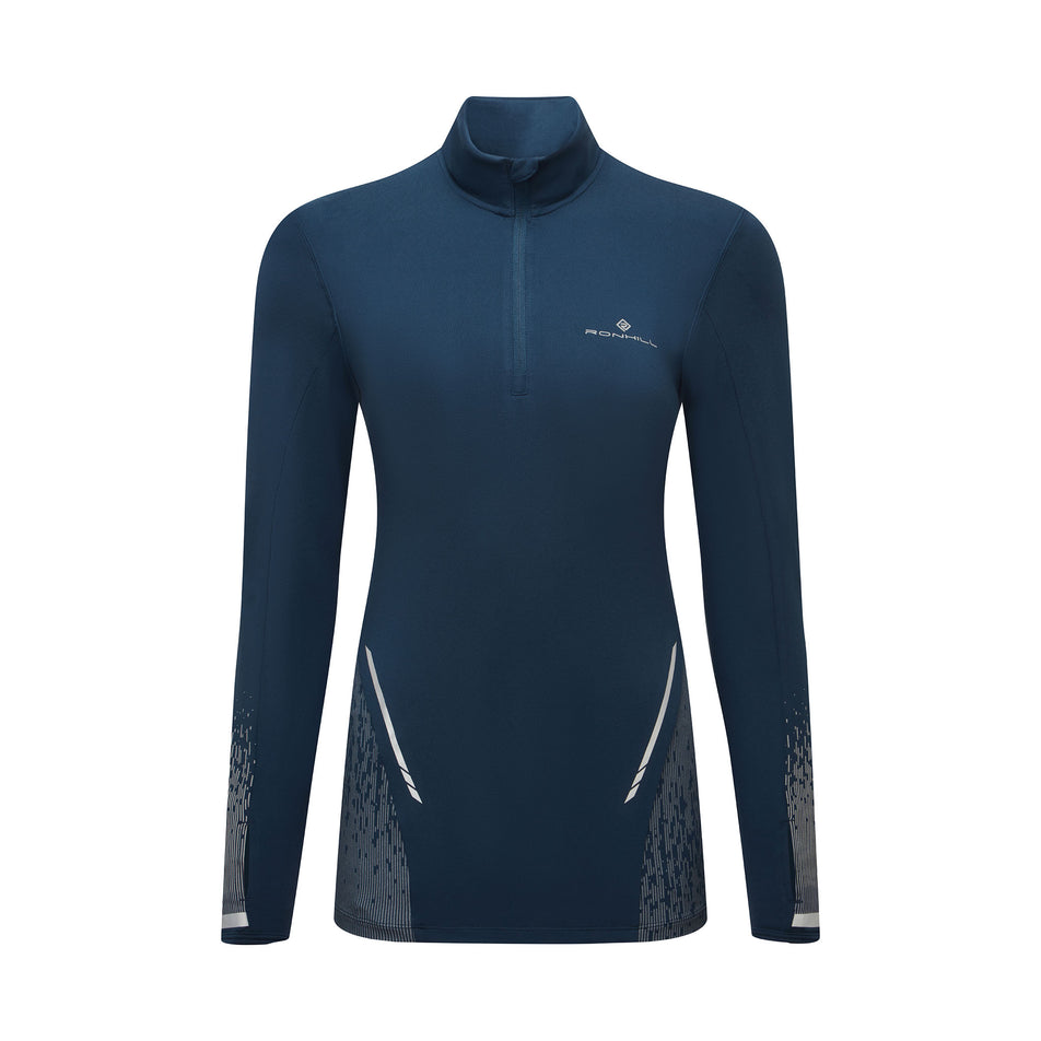 Front view of the Ronhill Women's Tech Reflect 1/2 Zip in the Dark Navy/Reflect colourway. (8747154735266)