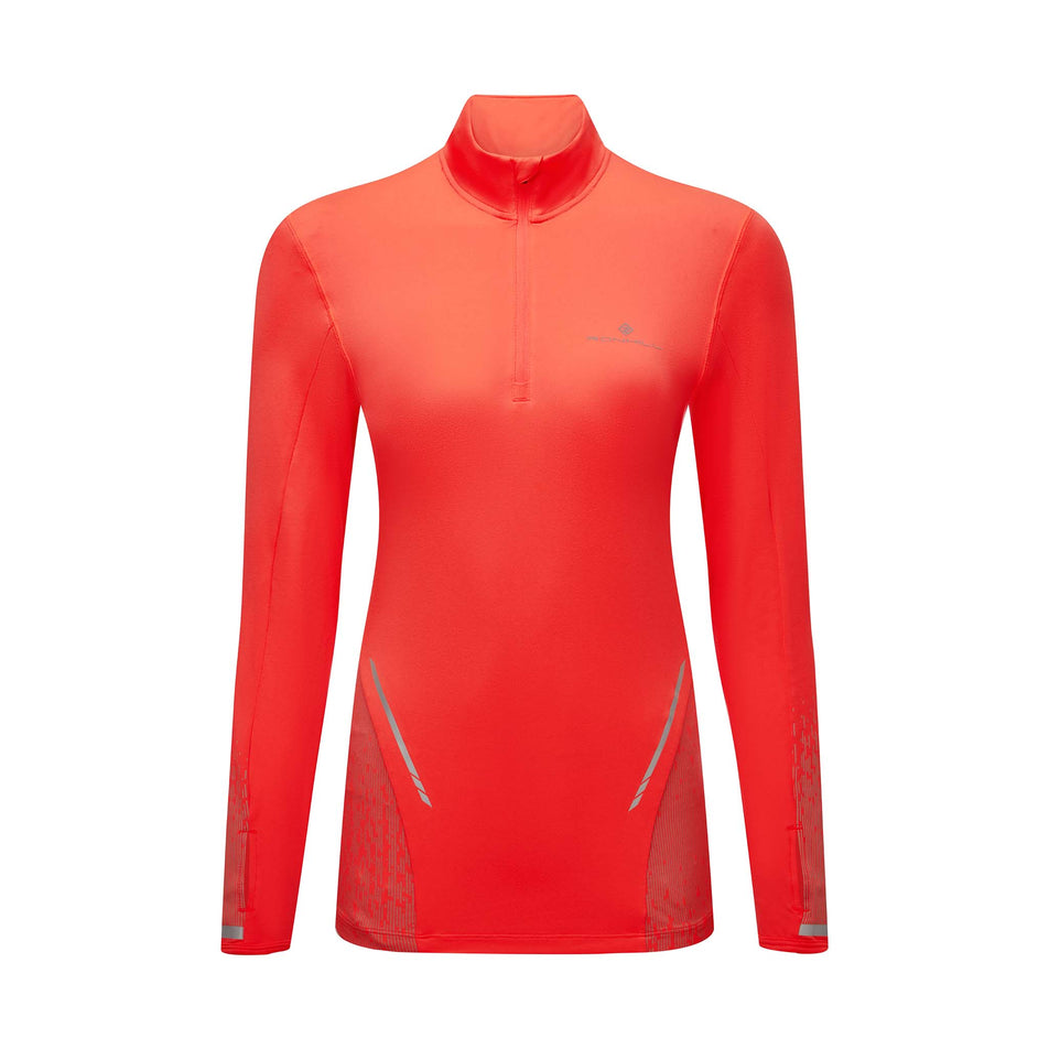 Front view of the Ronhill Women's Tech Reflect 1/2 Zip in the Hot Coral/Reflect colourway. (8742195691682)