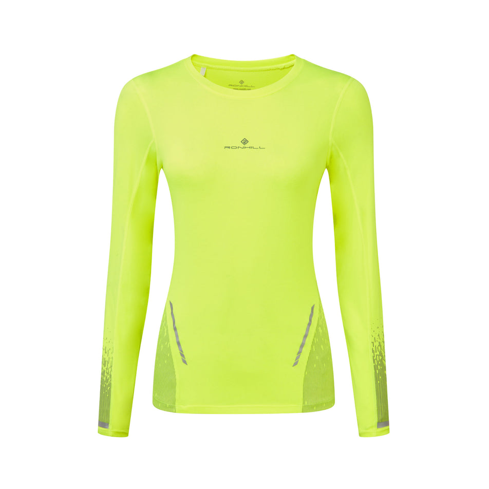Front view of a Ronhill Women's Tech Reflect L/S Tee in the Fluo Yellow/Reflect colourway. (8489706717346)