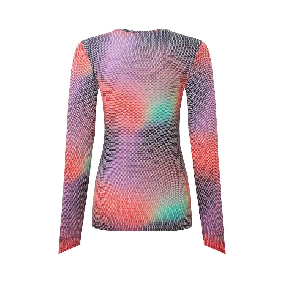 Back view of the Ronhill Women's Tech Golden Hour L/S Tee in the Multi Glow colourway. (8742696943778)