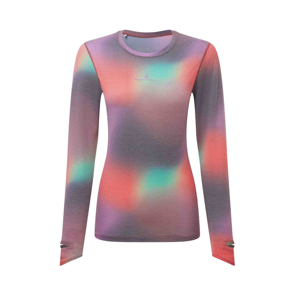 Front view of the Ronhill Women's Tech Golden Hour L/S Tee in the Multi Glow colourway. (8742696943778)