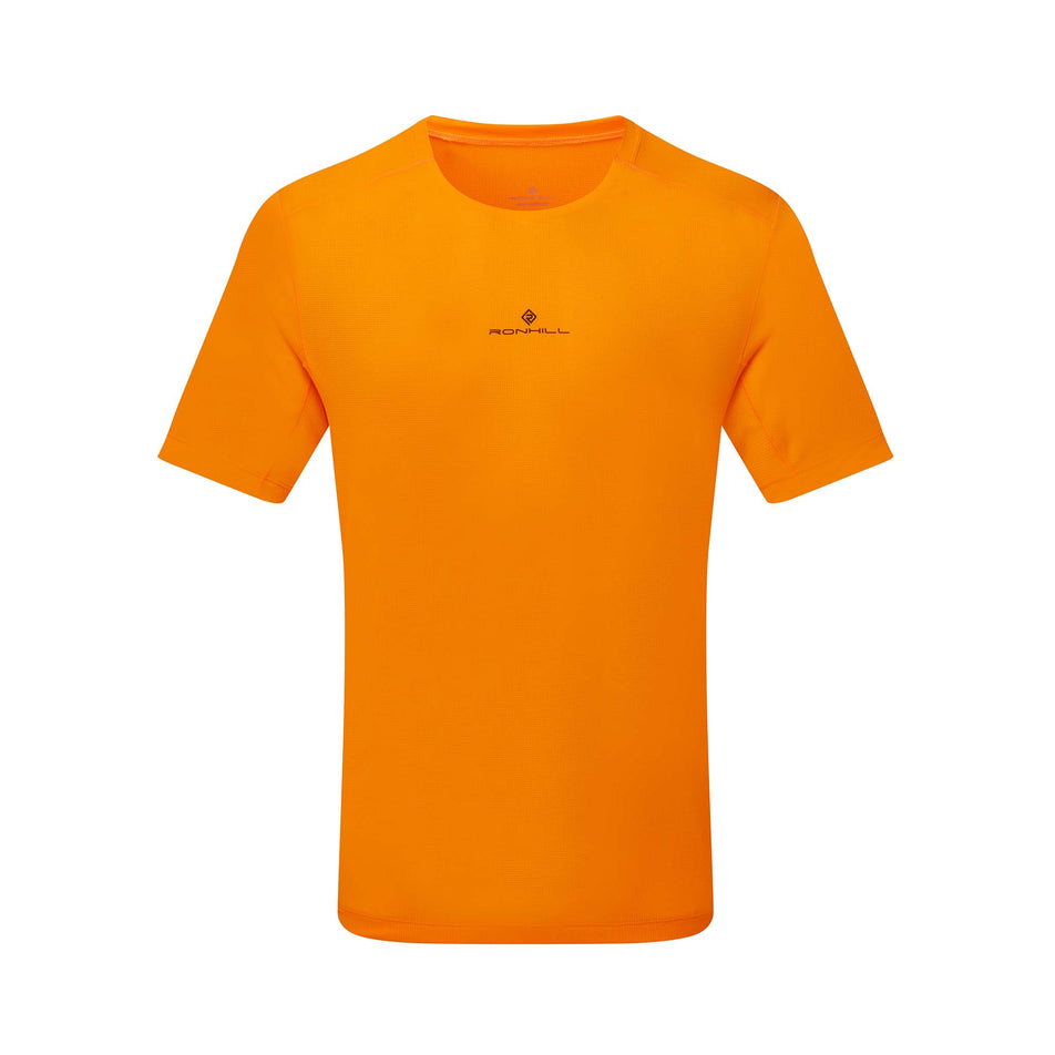 Front view of the Ronhill Men's Tech S/S Tee in the Tangelo/Black colourway. (8563613925538)