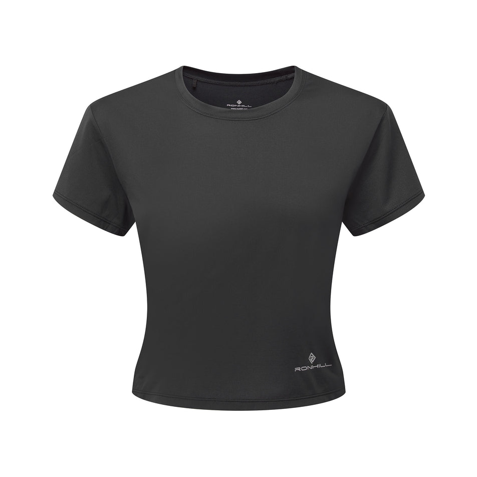 Front view a Ronhill Women's Tech Breathe S/S Tee in the All Black colourway. (8581016780962)