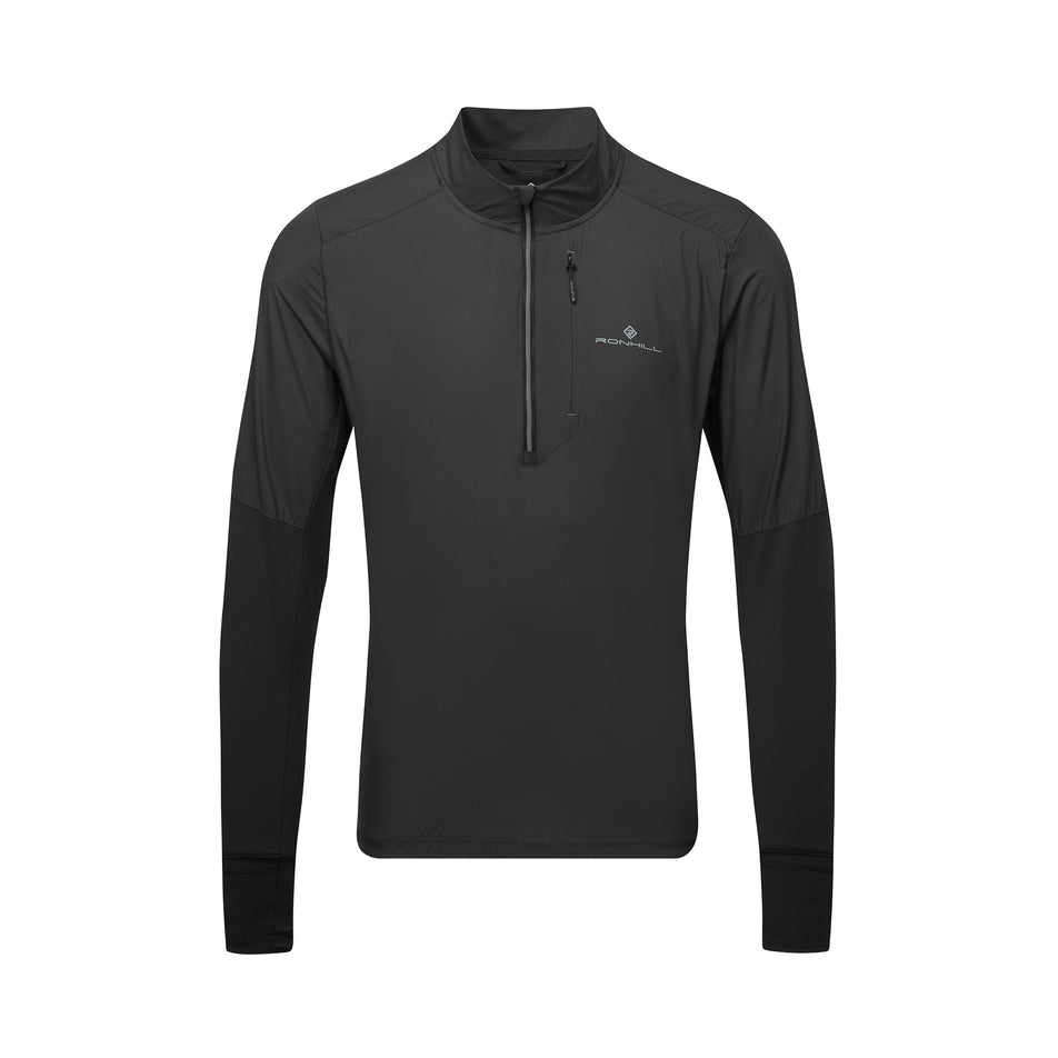 Front view of the Ronhill Men's Tech Wind-Block 1/2 Zip in the All Black colourway. (8742870352034)